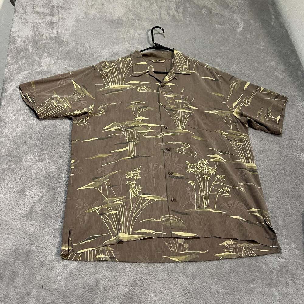 Tommy Bahama Shirt Mens Large Brown Silk Scenic Bamboo Hawaiian Camp Button Up